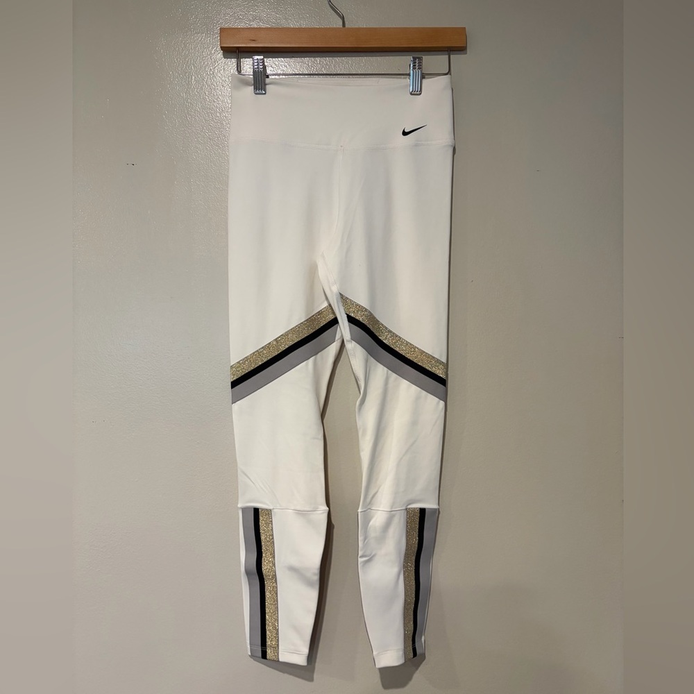 Nike White Leggings with Gold Glitter and Black Stripe Accents